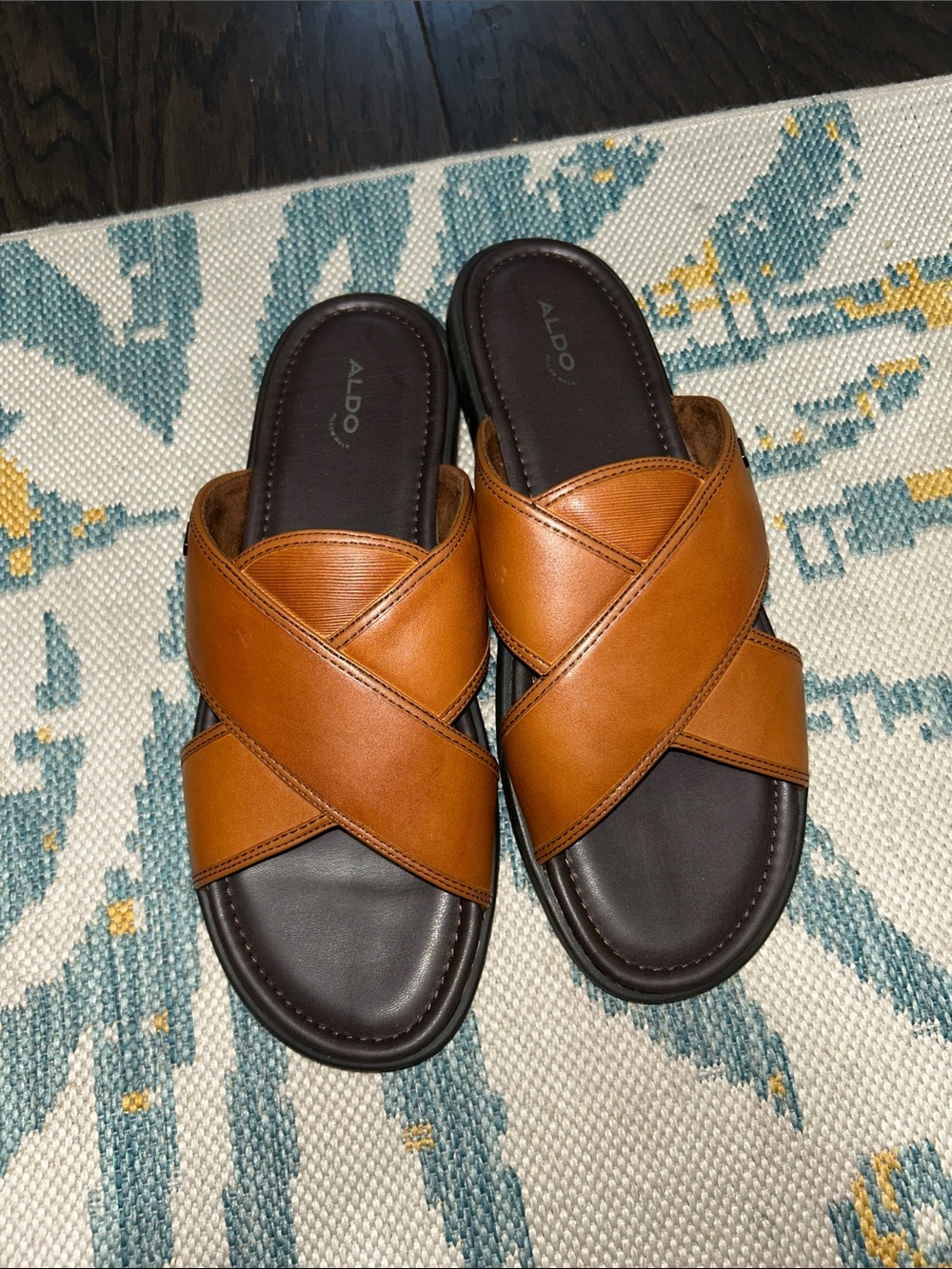 ALDO Men's Brown Leather Cross-Strap Slide Sandals
